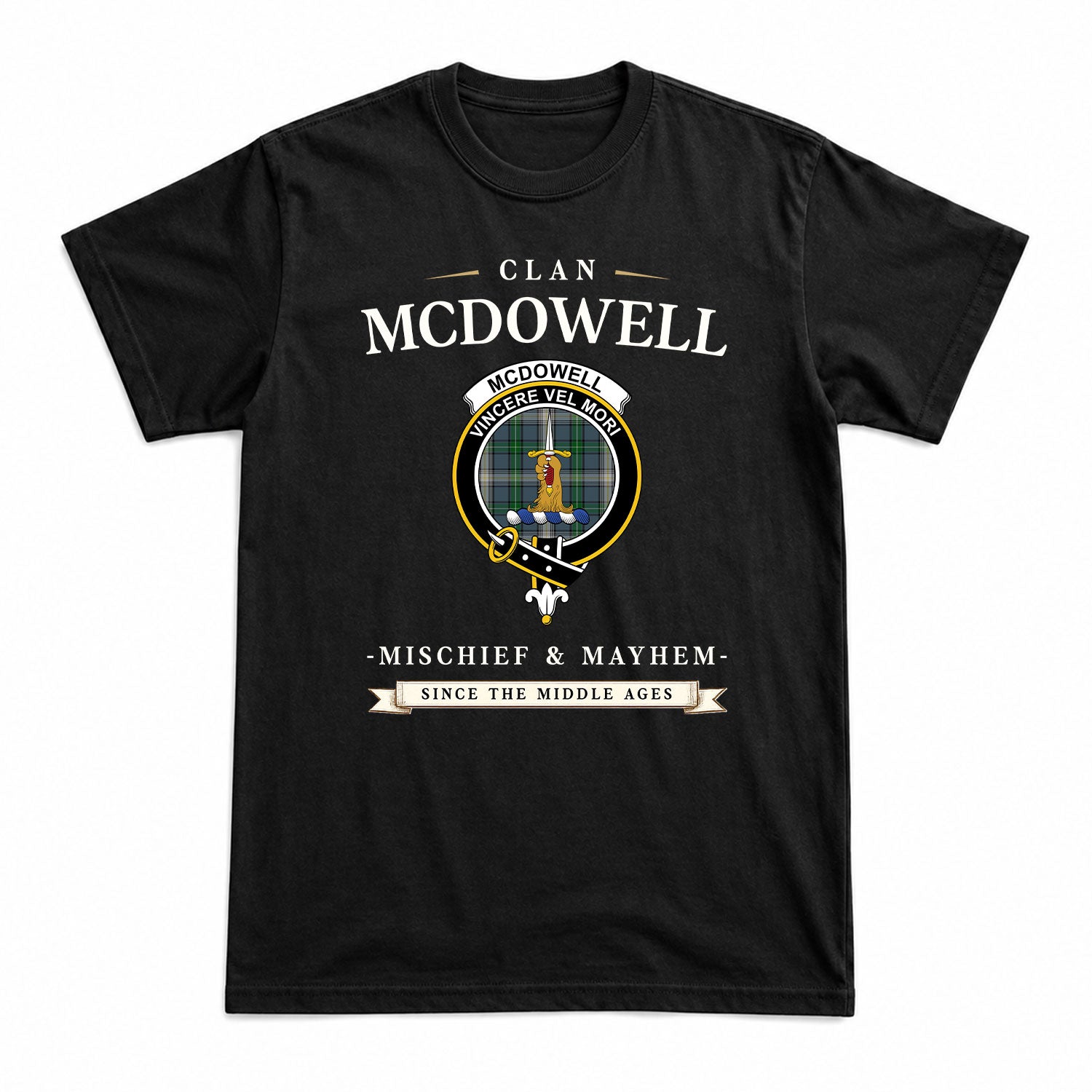 McDowell (MacDowell) Tartan Crest Mischief and Mayhem T-shirt