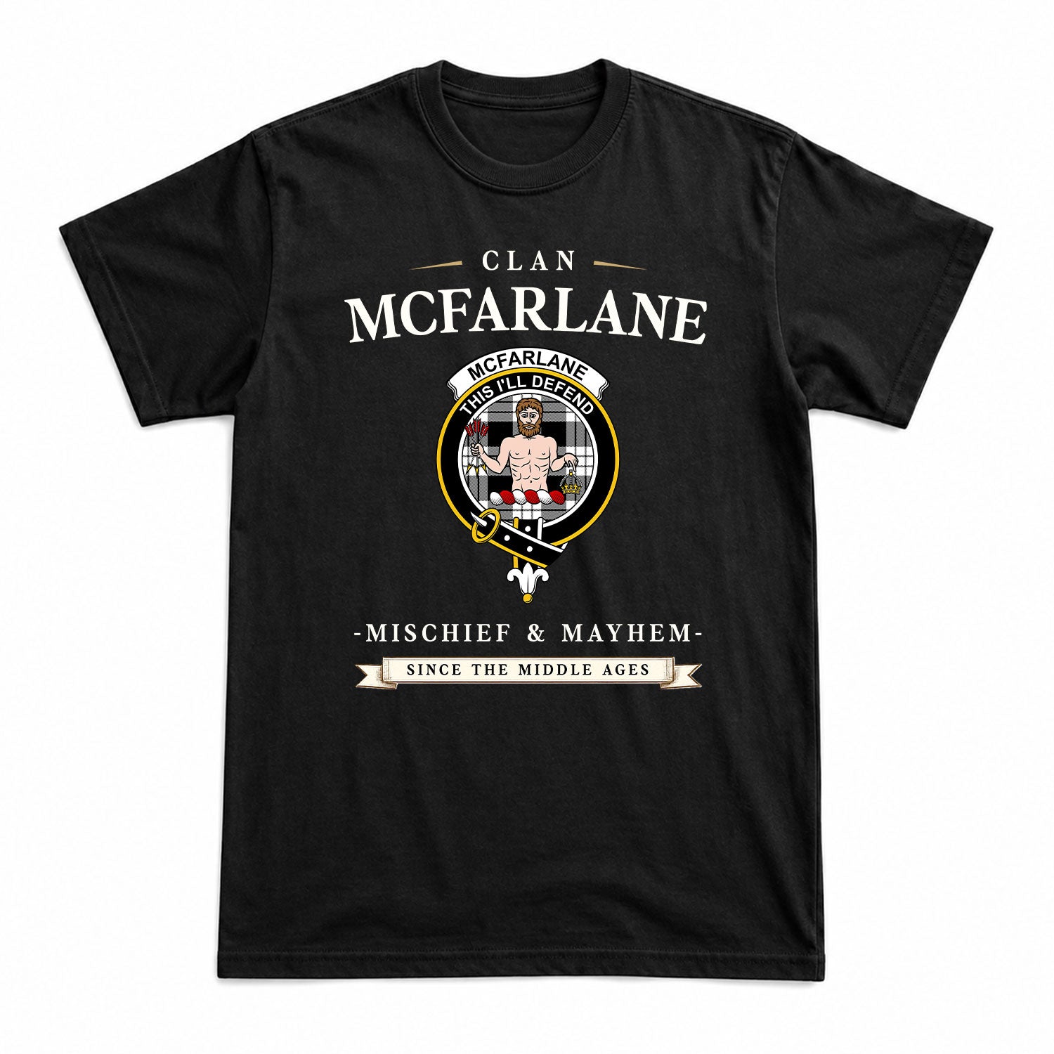 McFarlane Black - White Tartan Crest Mischief and Mayhem T-shirt