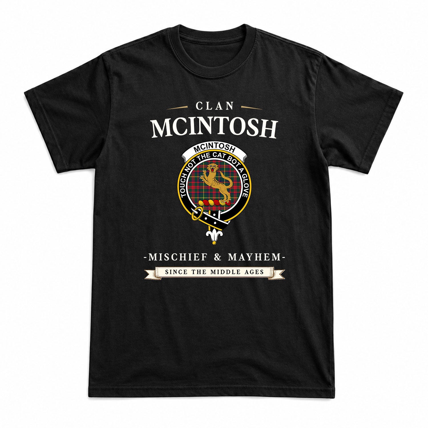 McIntosh Hunting Modern Tartan Crest Mischief and Mayhem T-shirt