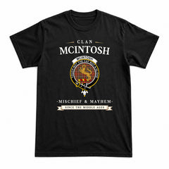 McIntosh Hunting Weathered Tartan Crest Mischief and Mayhem T-shirt