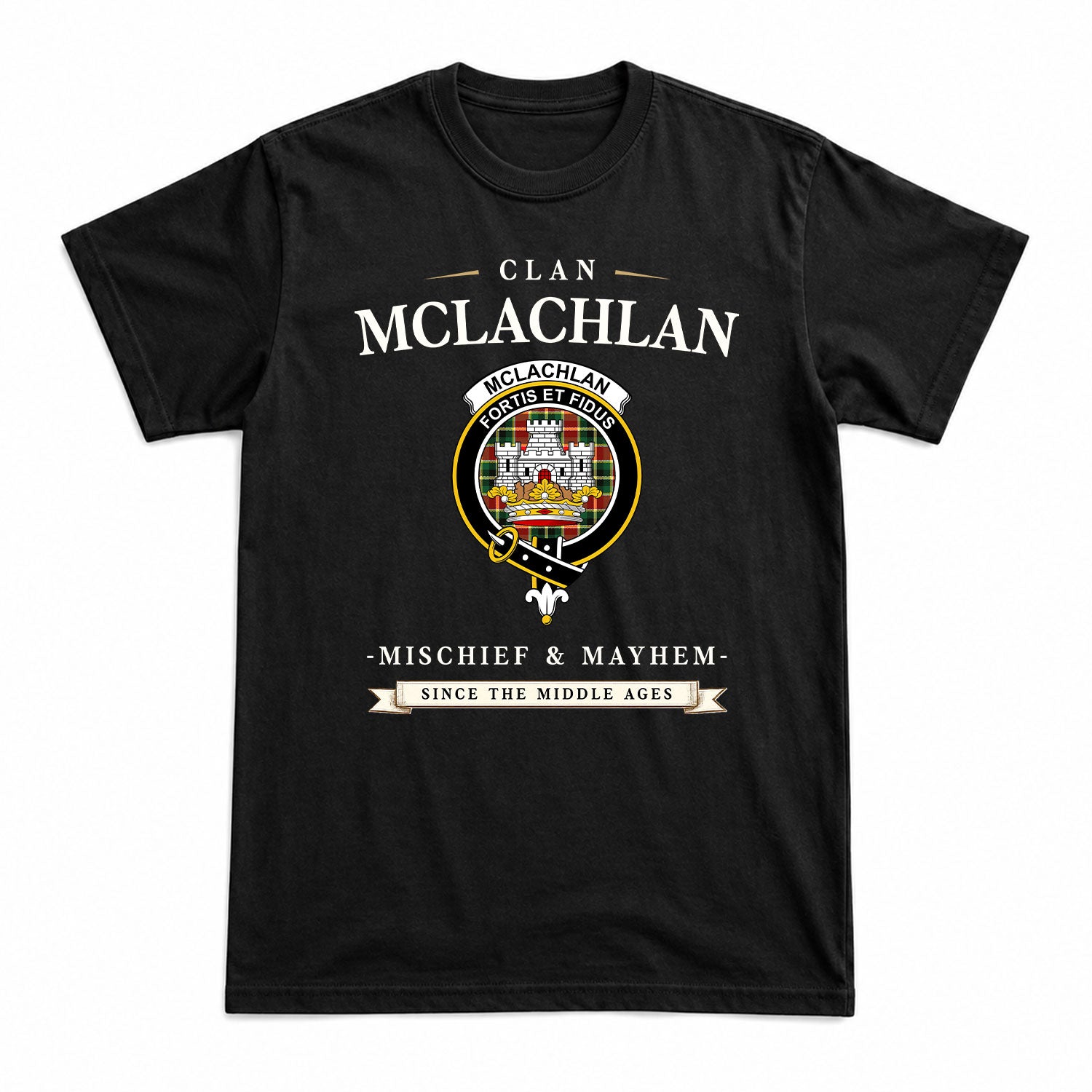 McLachlan Hunting Modern Tartan Crest Mischief and Mayhem T-shirt