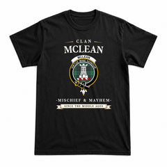 McLean Hunting Ancient Tartan Crest Mischief and Mayhem T-shirt