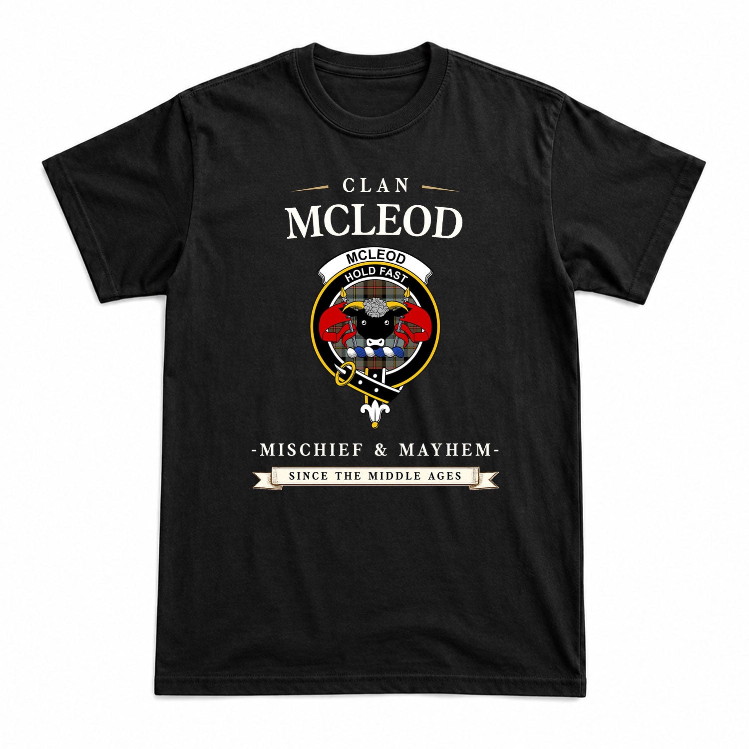 McLeod of Harris Weathered Tartan Crest Mischief and Mayhem T-shirt