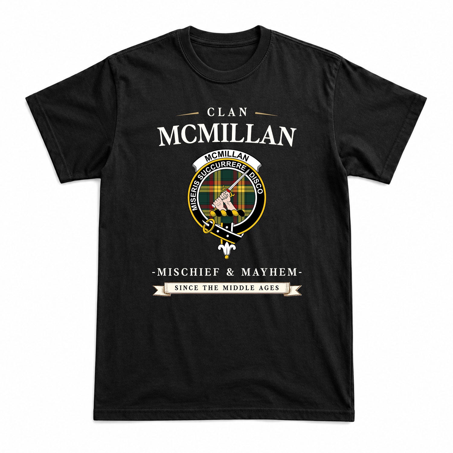 McMillan Old Modern Tartan Crest Mischief and Mayhem T-shirt