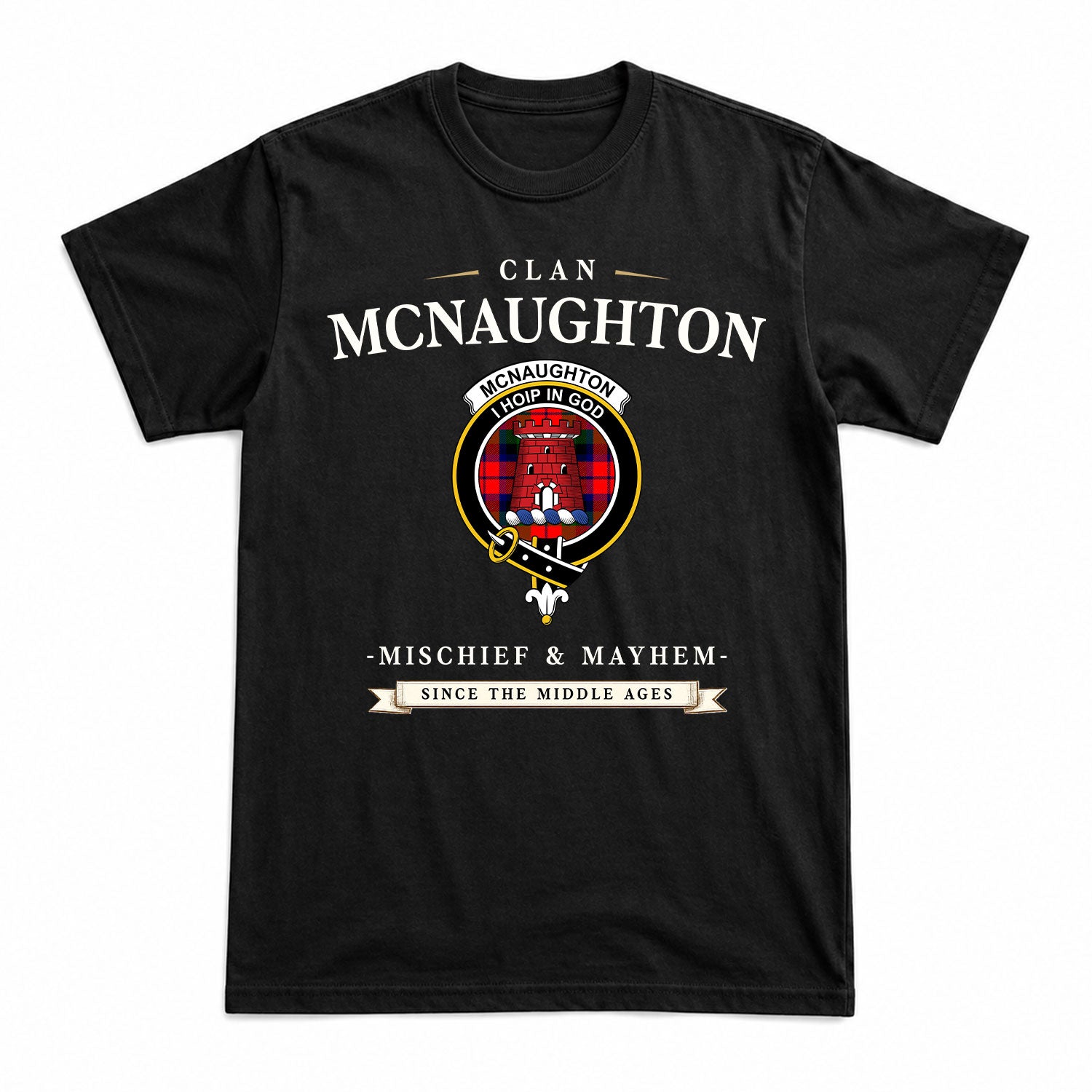 McNaughton Modern Tartan Crest Mischief and Mayhem T-shirt