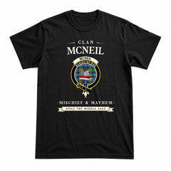 McNeil of Barra Ancient Tartan Crest Mischief and Mayhem T-shirt