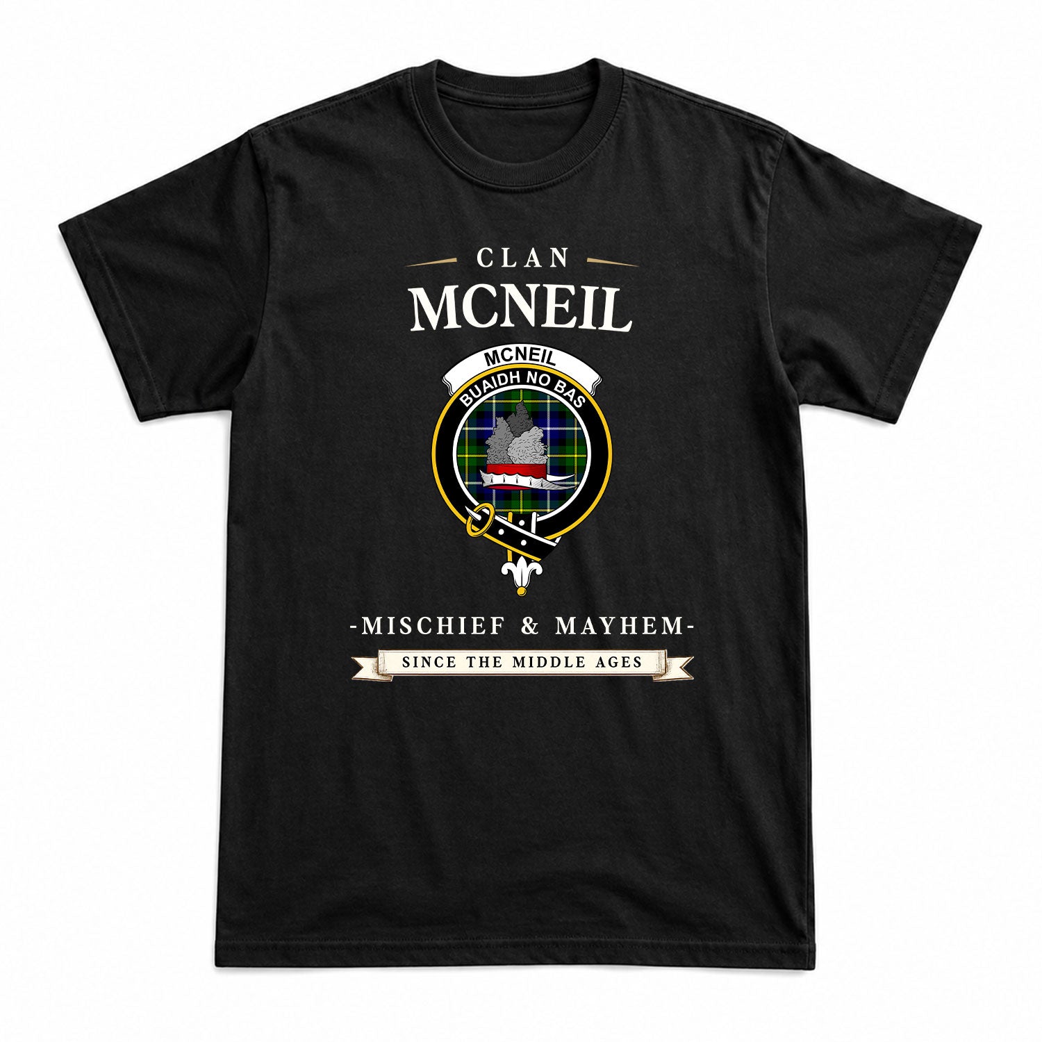 McNeil of Barra Modern Tartan Crest Mischief and Mayhem T-shirt