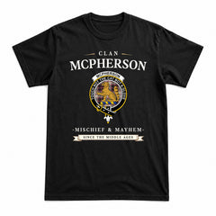 McPherson Hunting Ancient Tartan Crest Mischief and Mayhem T-shirt