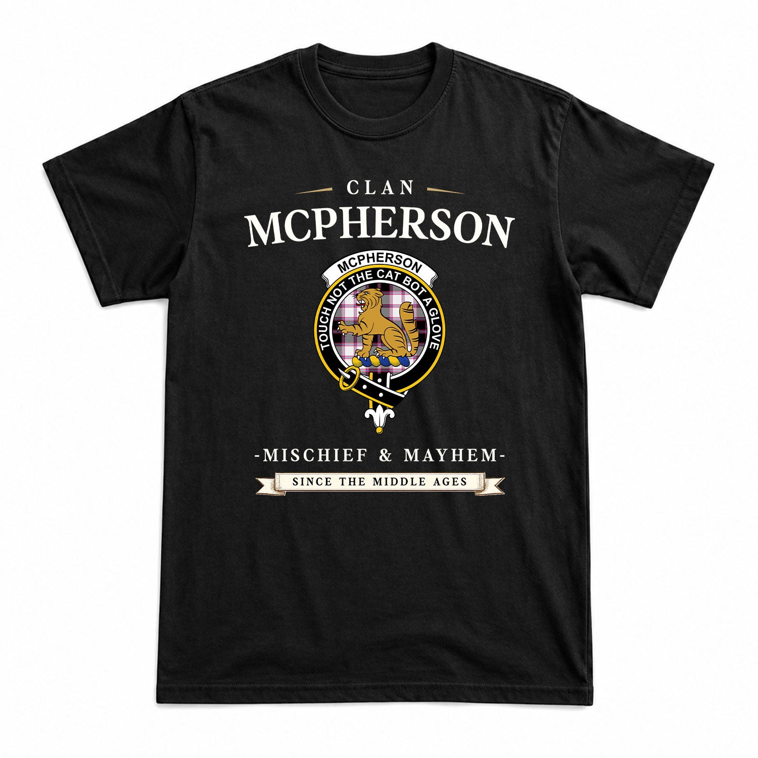 McPherson Hunting Modern Tartan Crest Mischief and Mayhem T-shirt