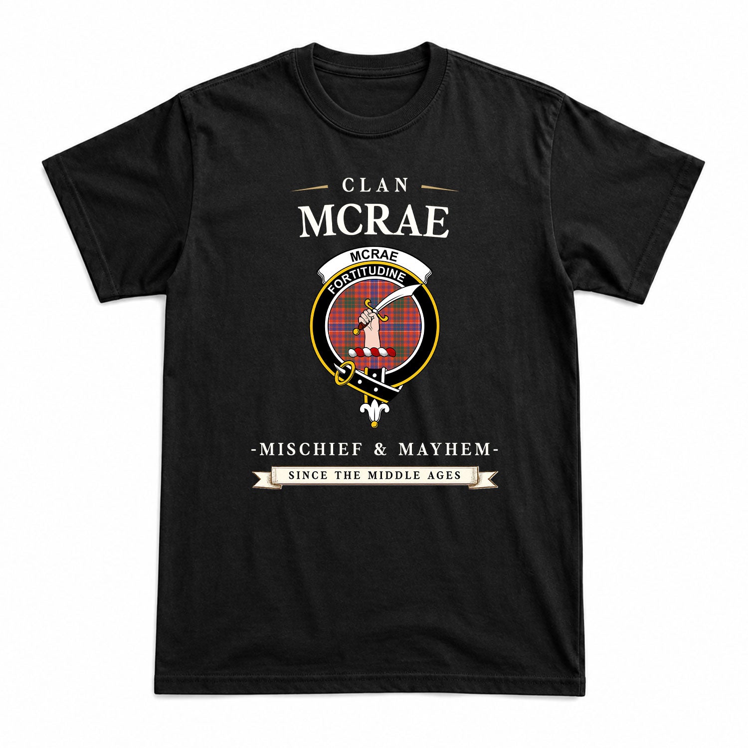 McRae Ancient Tartan Crest Mischief and Mayhem T-shirt
