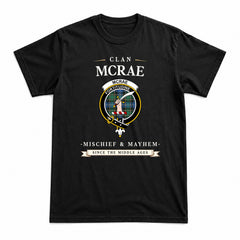 McRae Hunting Ancient Tartan Crest Mischief and Mayhem T-shirt
