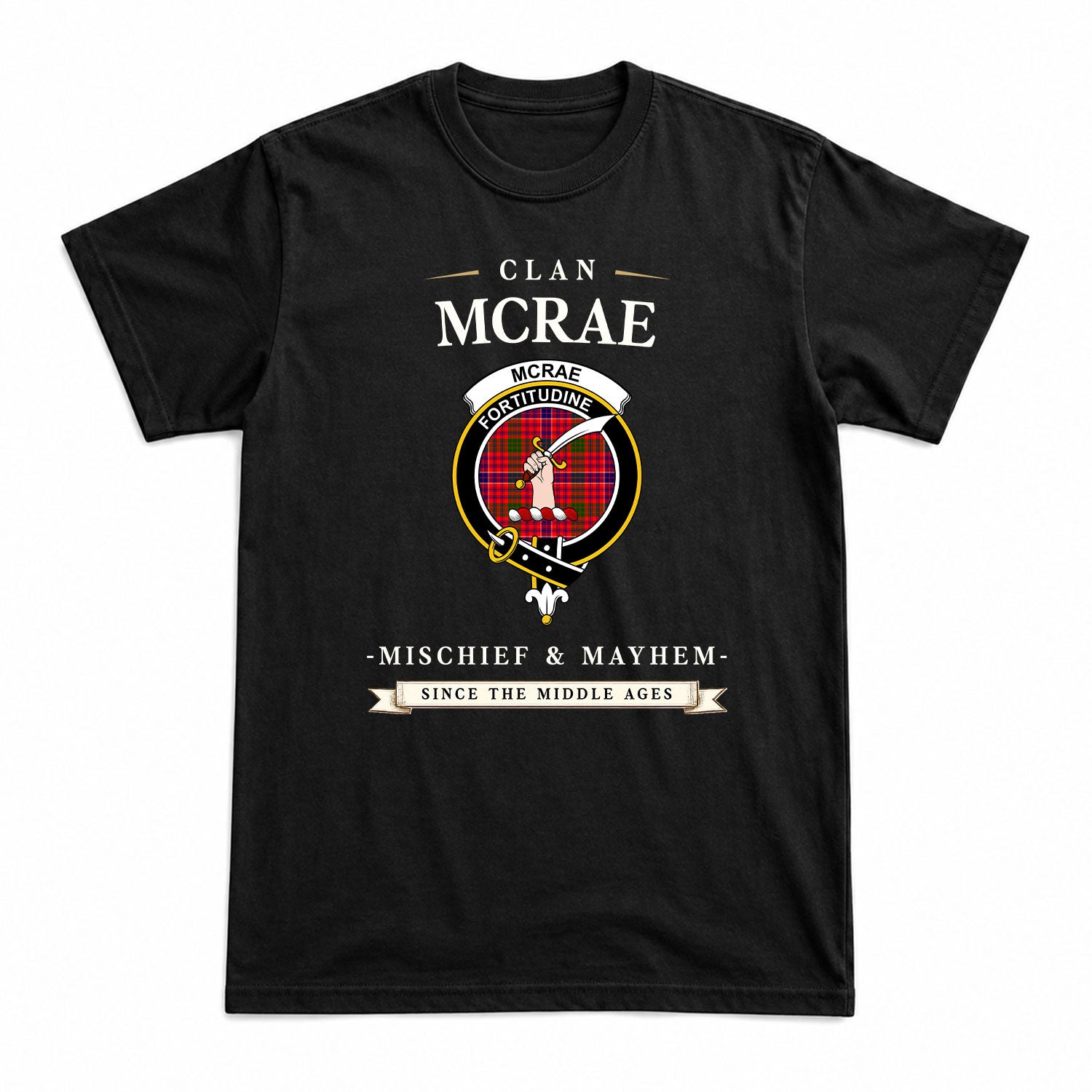 McRae Modern Tartan Crest Mischief and Mayhem T-shirt