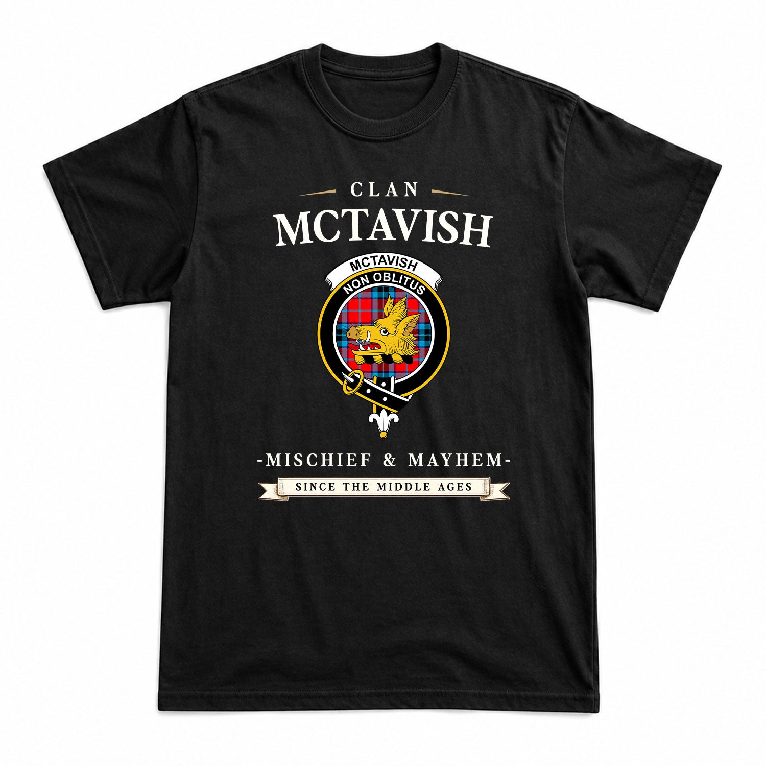 McTavish Modern Tartan Crest Mischief and Mayhem T-shirt