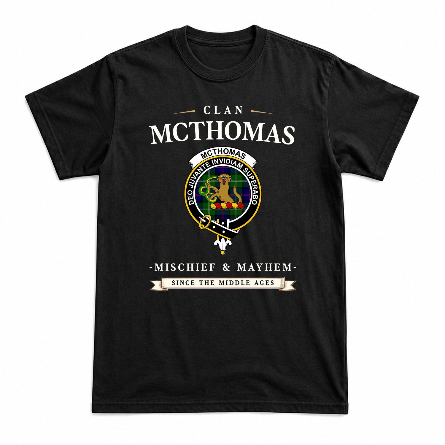 McThomas Modern Tartan Crest Mischief and Mayhem T-shirt