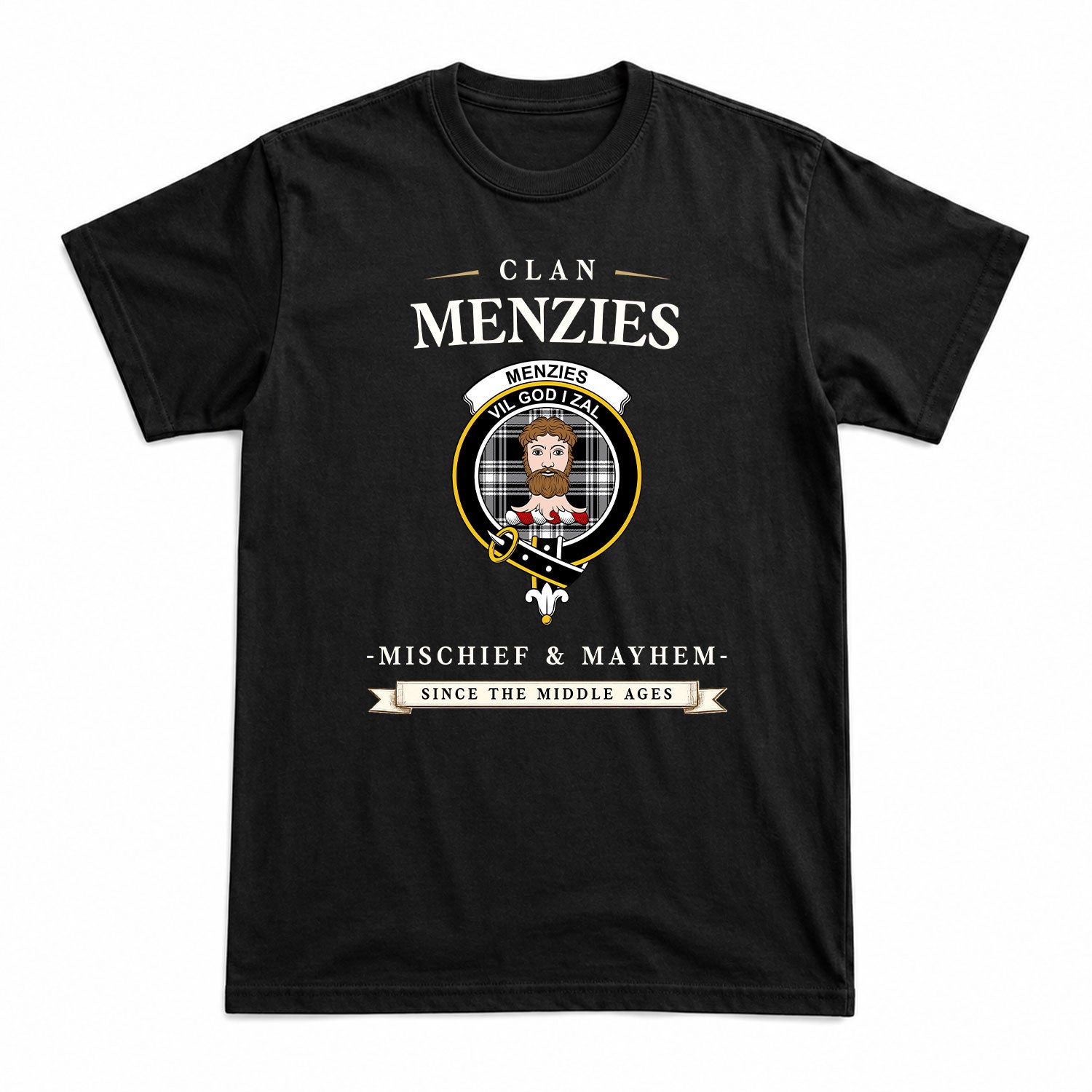 Menzies Black - White Modern Tartan Crest Mischief and Mayhem T-shirt