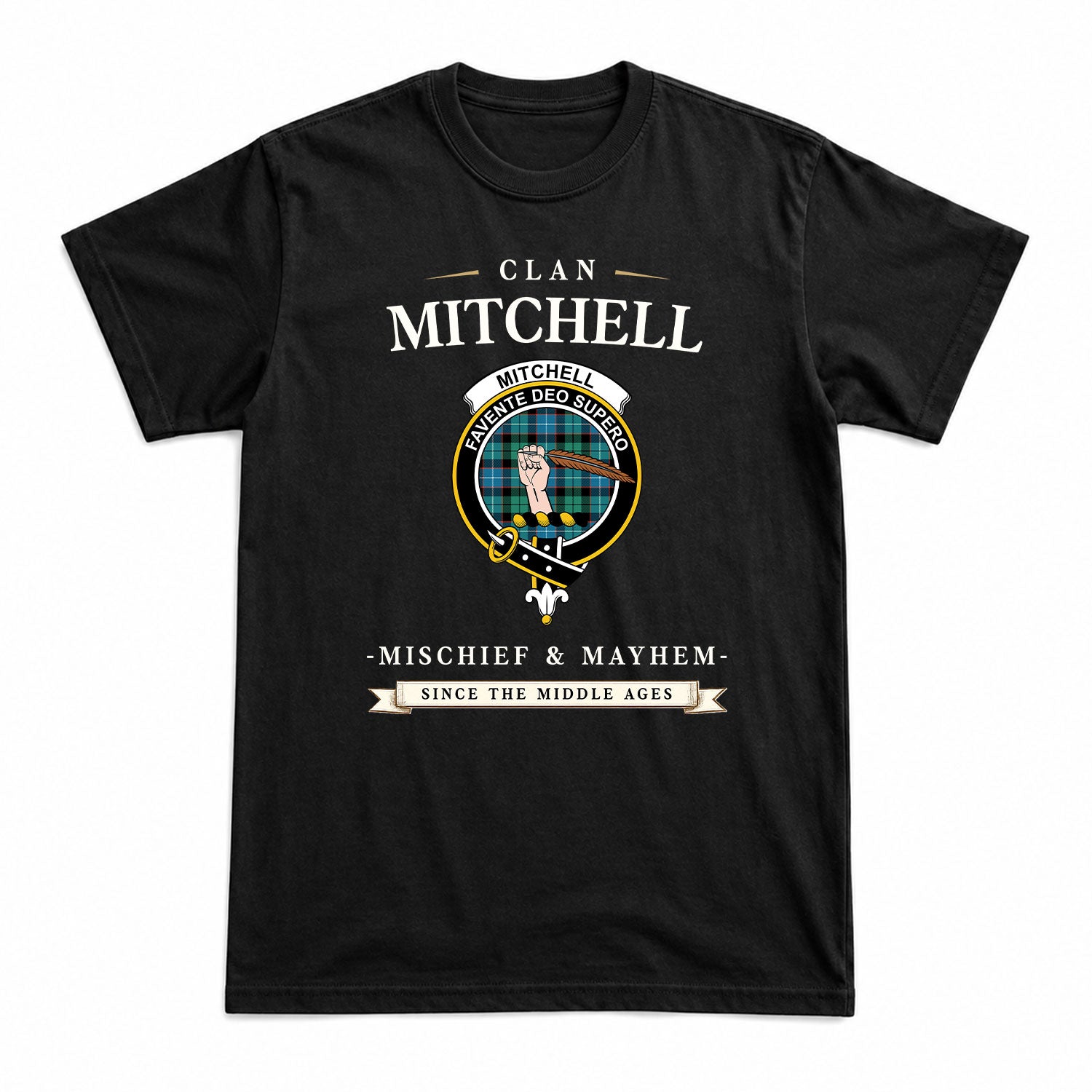 Mitchell Ancient Tartan Crest Mischief and Mayhem T-shirt