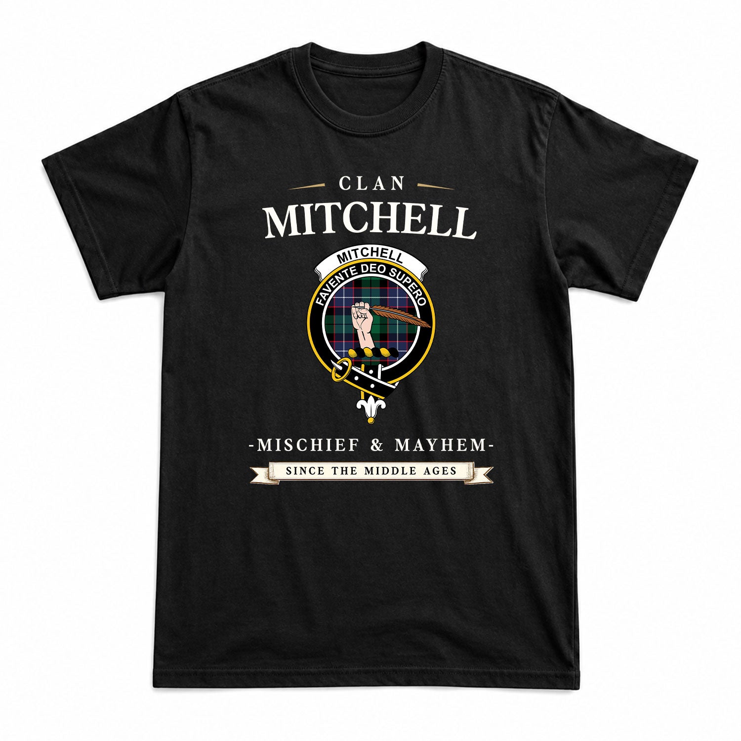 Mitchell Modern Tartan Crest Mischief and Mayhem T-shirt