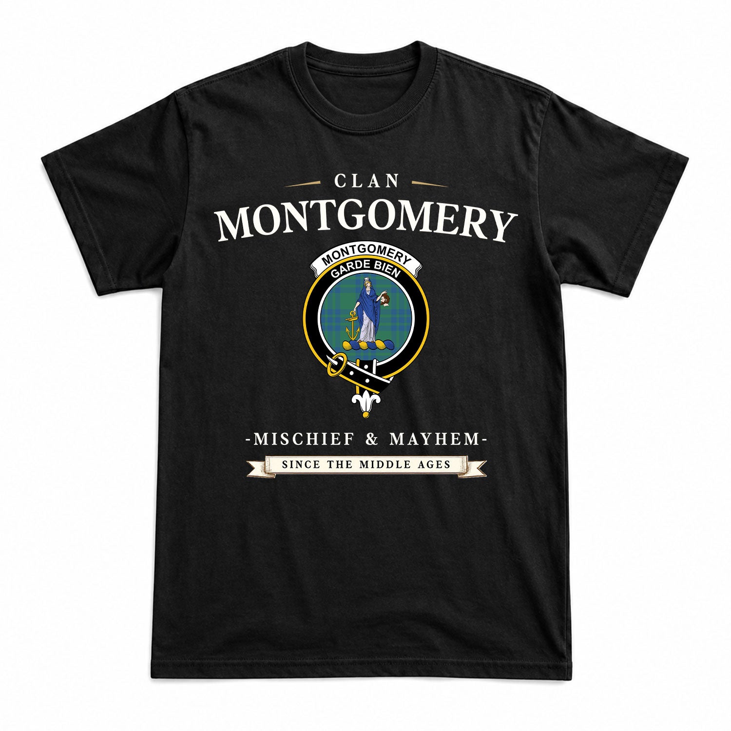 Montgomery Ancient Tartan Crest Mischief and Mayhem T-shirt