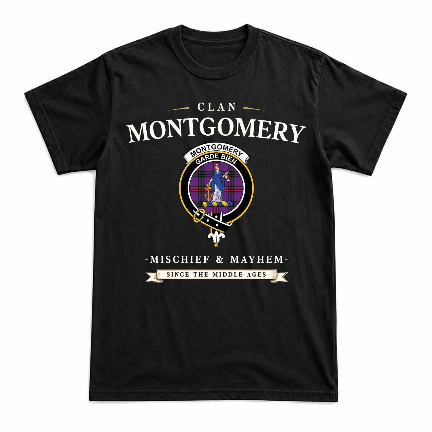 Montgomery Modern Tartan Crest Mischief and Mayhem T-shirt