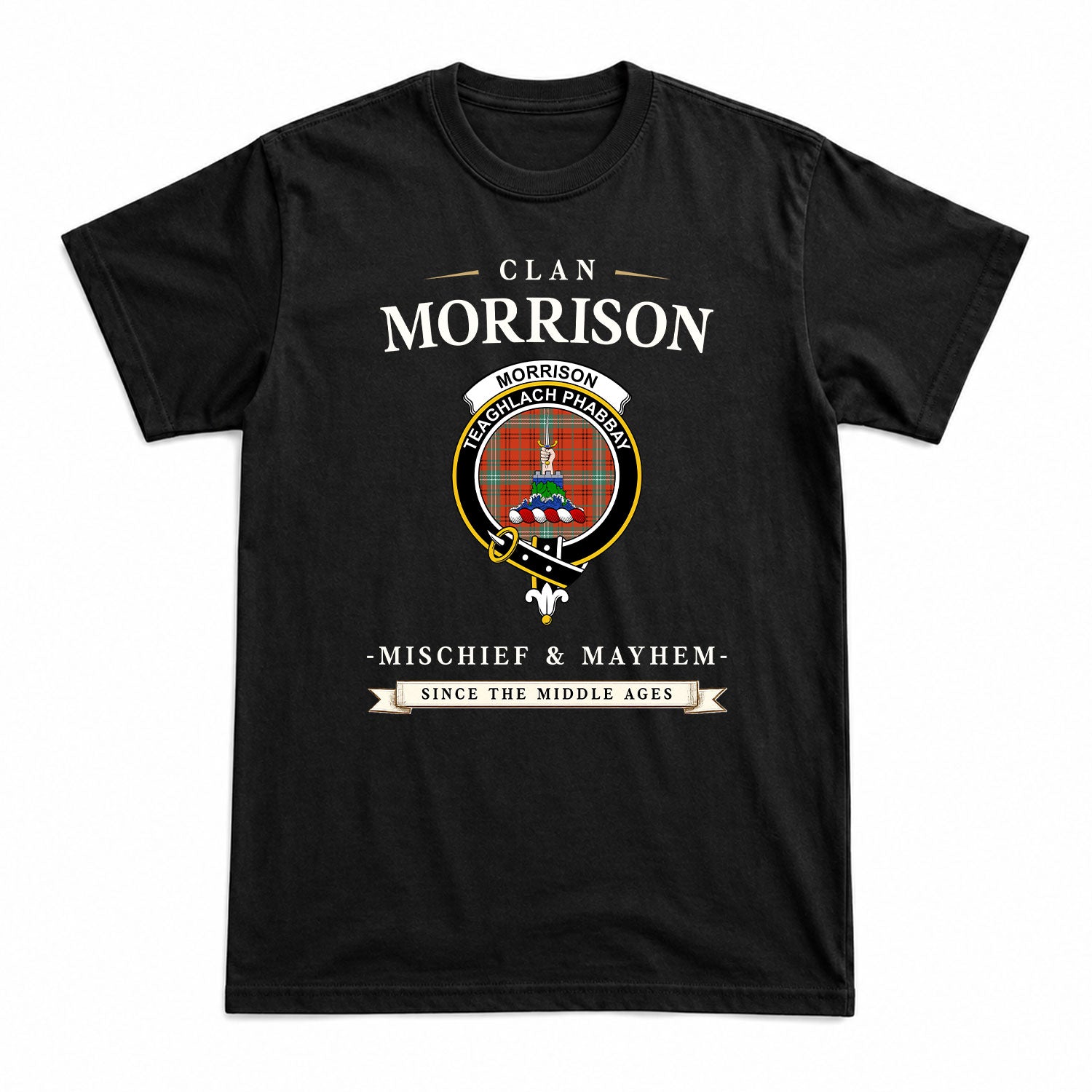 Morrison Red Ancient Tartan Crest Mischief and Mayhem T-shirt