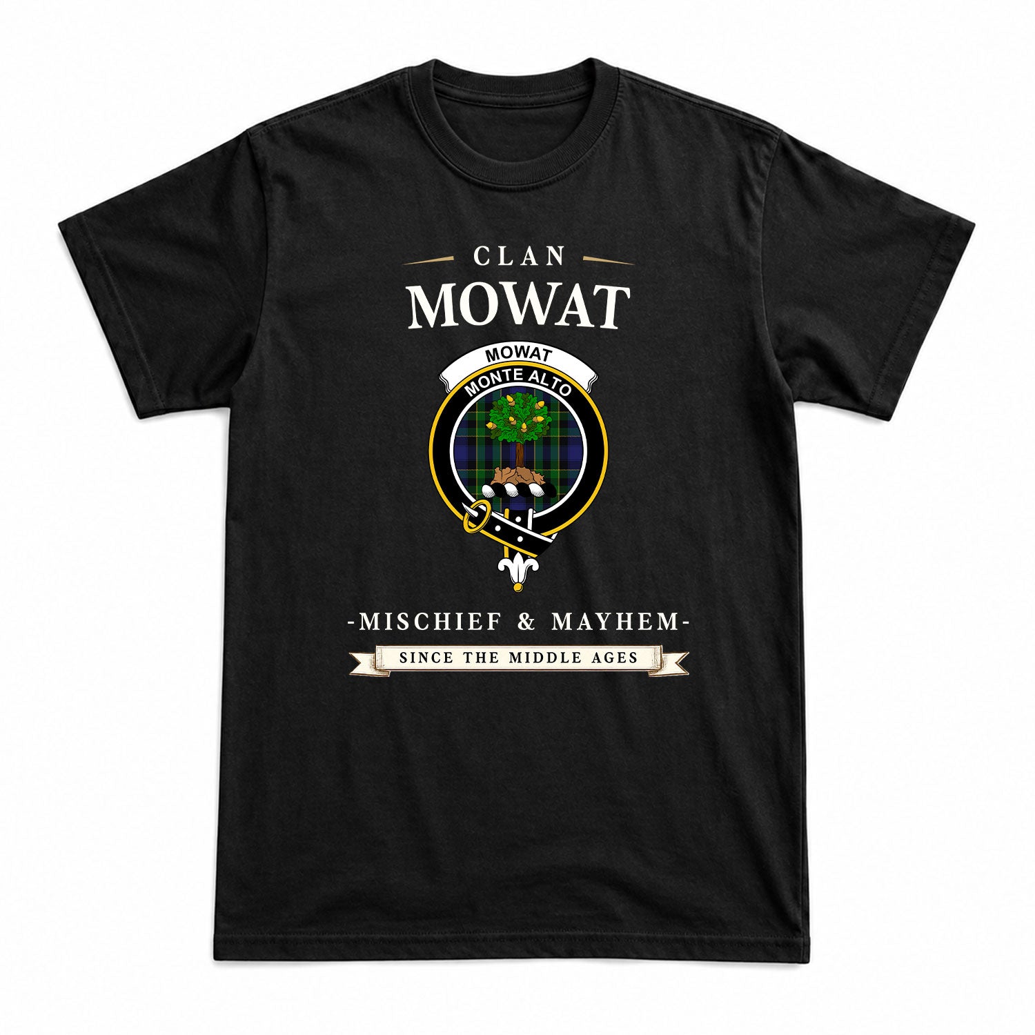 Mowat Modern Tartan Crest Mischief and Mayhem T-shirt