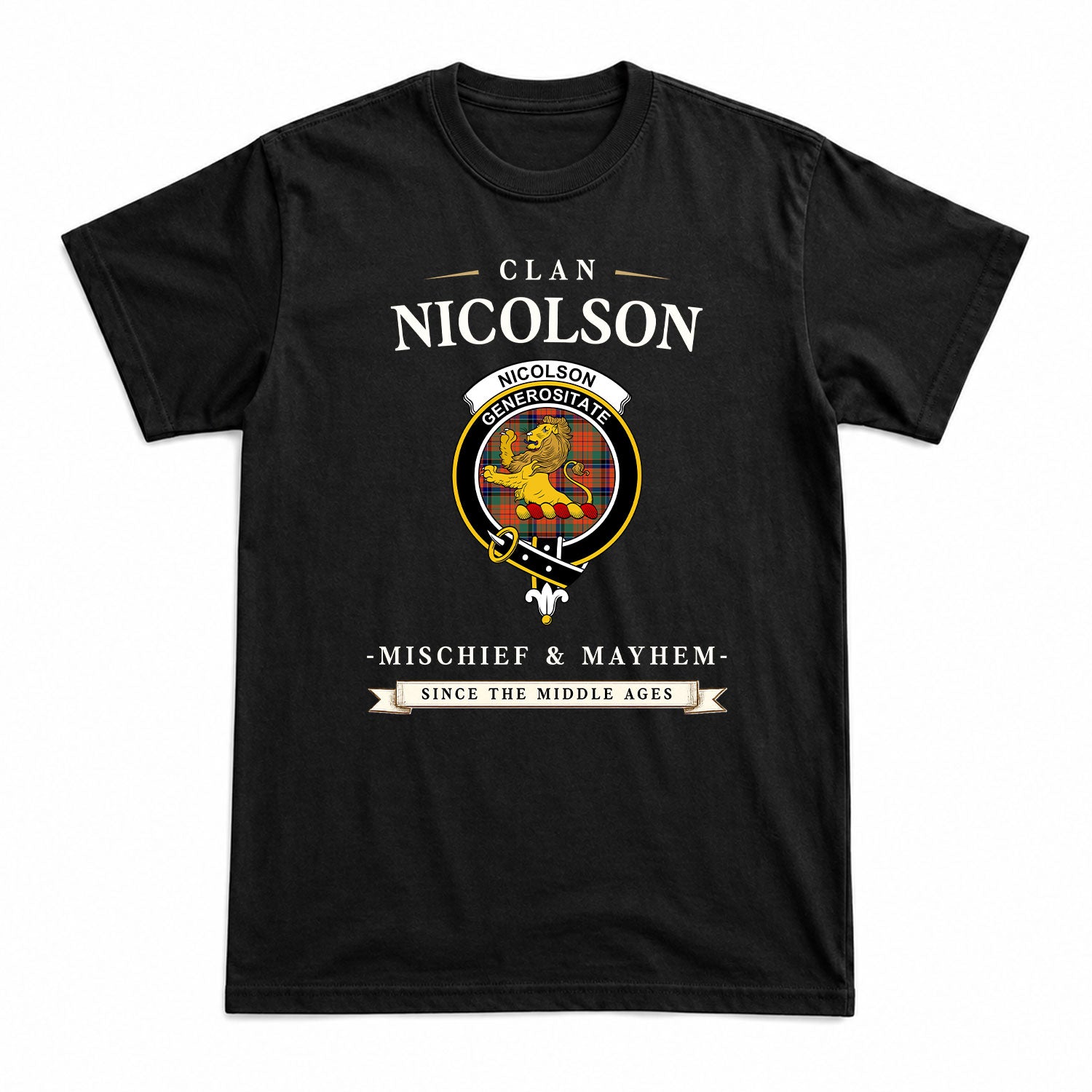 Nicolson Ancient Tartan Crest Mischief and Mayhem T-shirt
