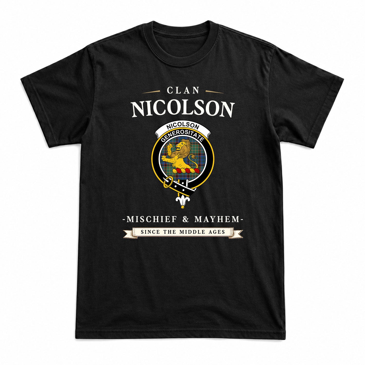 Nicolson Hunting Ancient Tartan Crest Mischief and Mayhem T-shirt