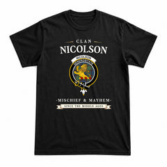 Nicolson Hunting Ancient Tartan Crest Mischief and Mayhem T-shirt