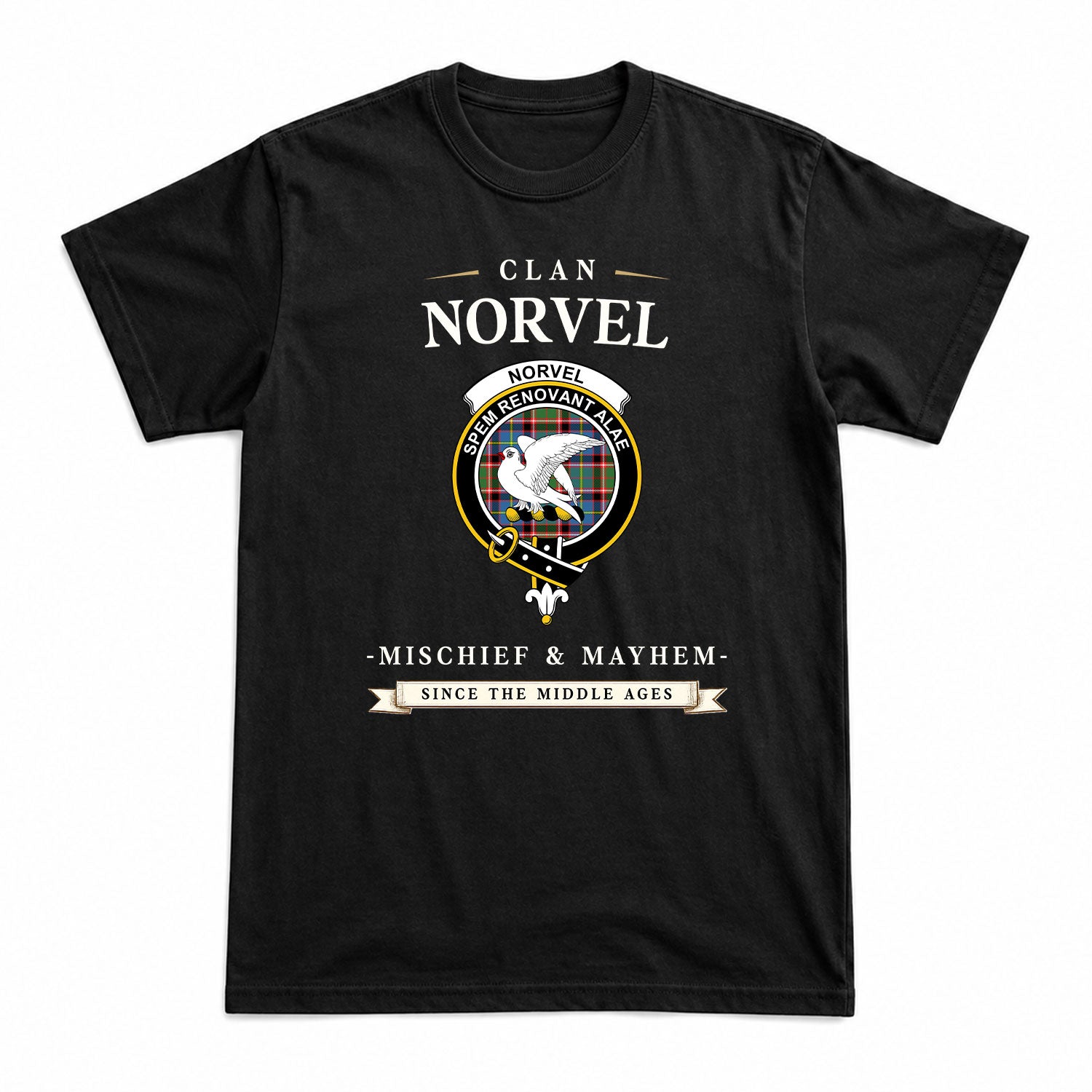 Norvel (or Norvill) Tartan Crest Mischief and Mayhem T-shirt