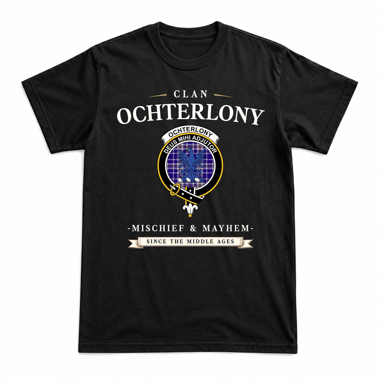 Ochterlony Tartan Crest Mischief and Mayhem T-shirt
