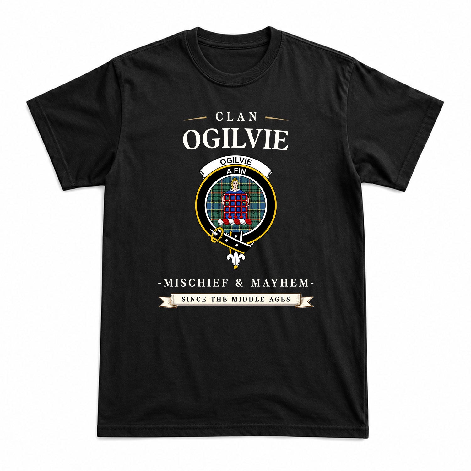 Ogilvie Hunting Ancient Tartan Crest Mischief and Mayhem T-shirt