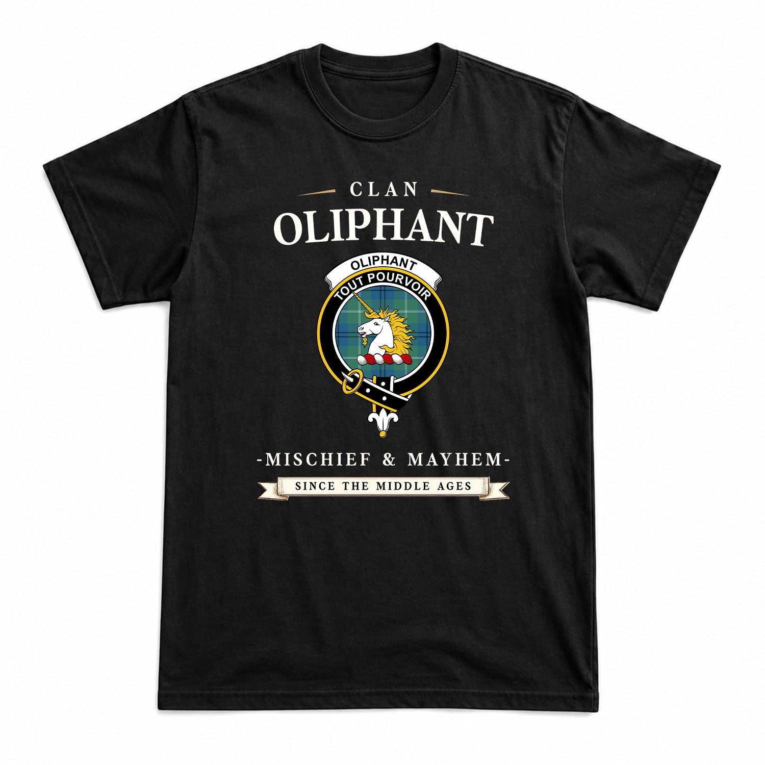 Oliphant Ancient Tartan Crest Mischief and Mayhem T-shirt