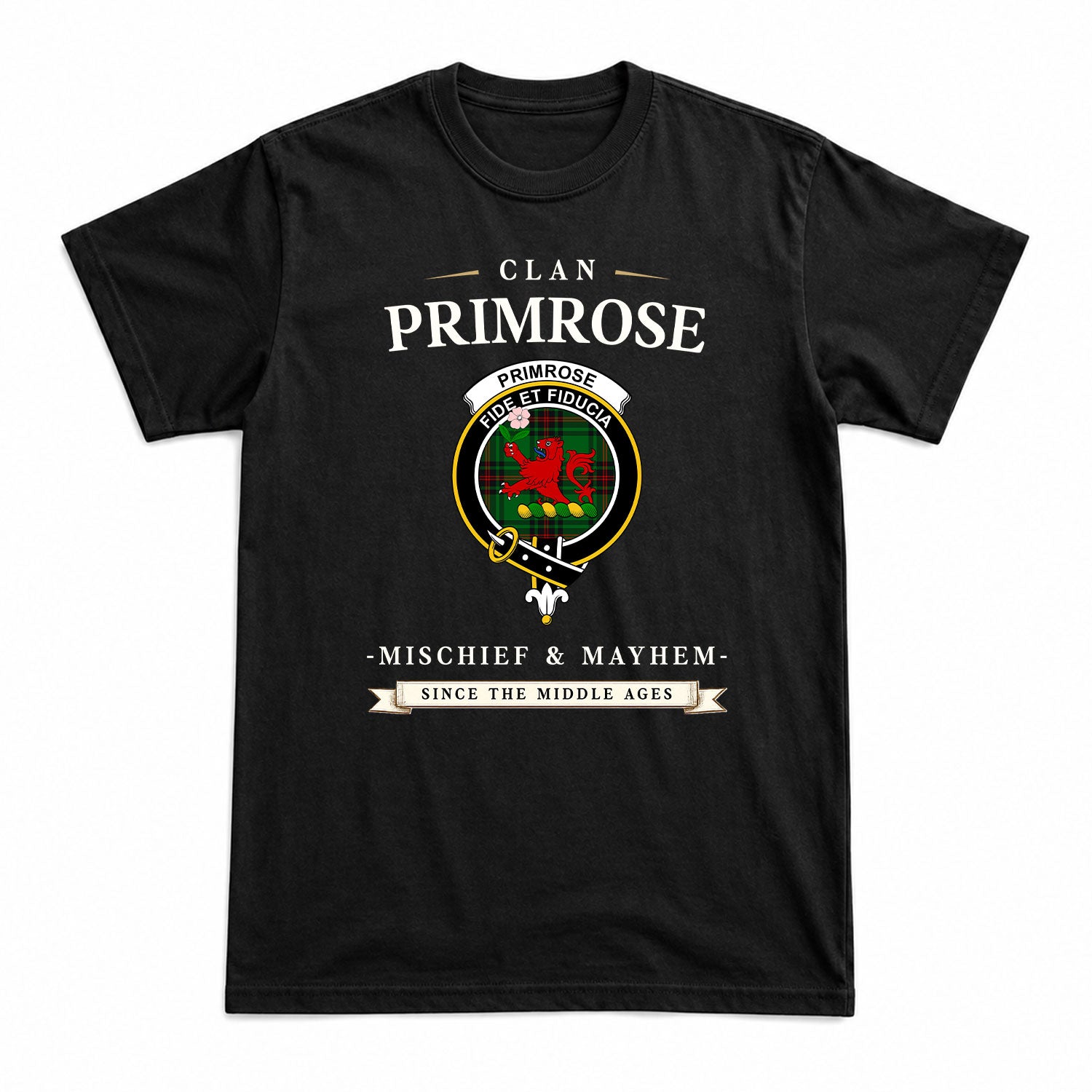 Primrose Tartan Crest Mischief and Mayhem T-shirt