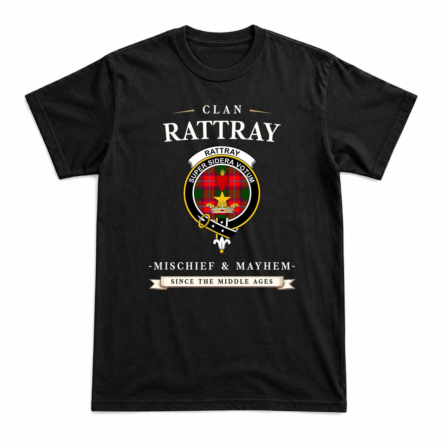 Rattray Modern Tartan Crest Mischief and Mayhem T-shirt