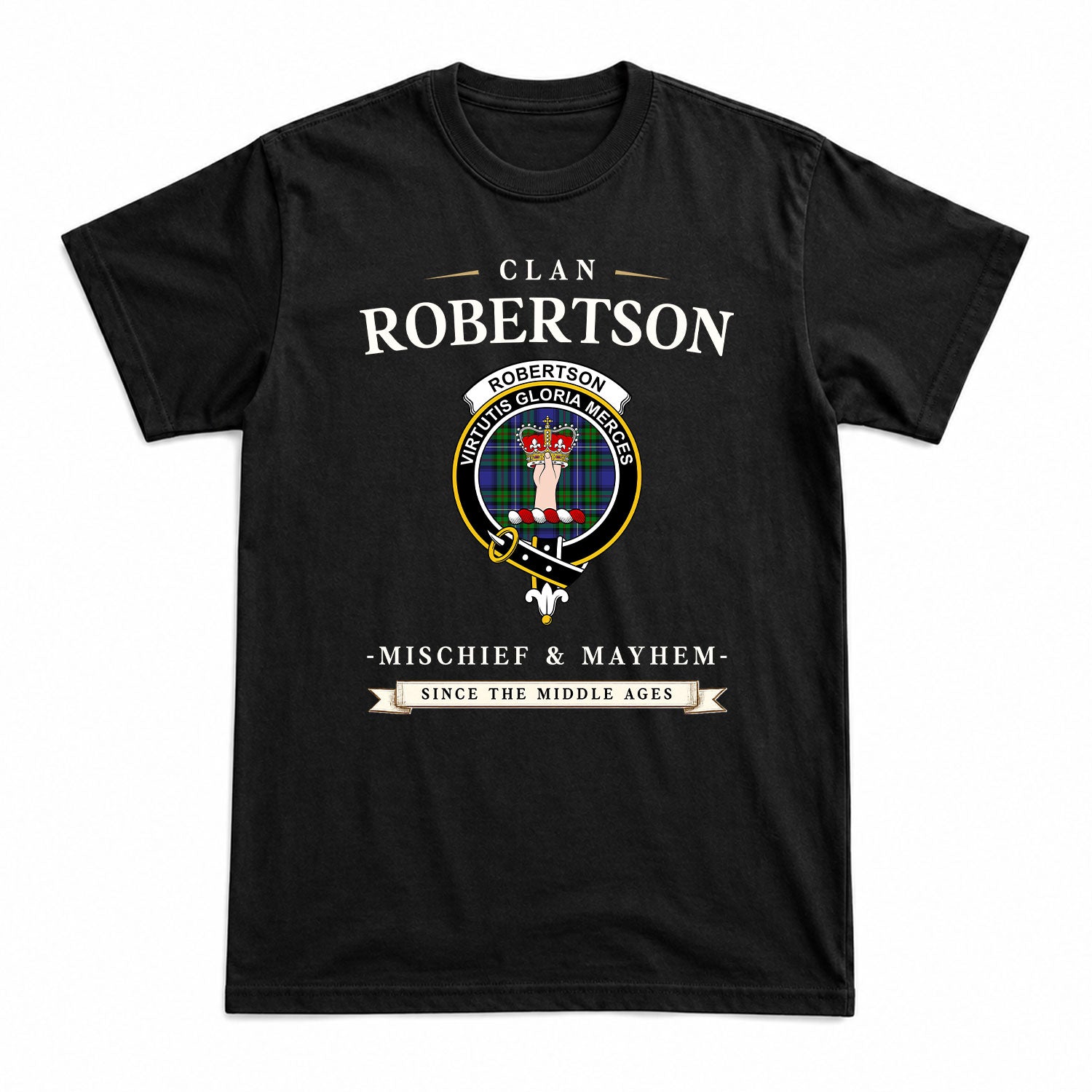 Robertson Hunting Modern Tartan Crest Mischief and Mayhem T-shirt