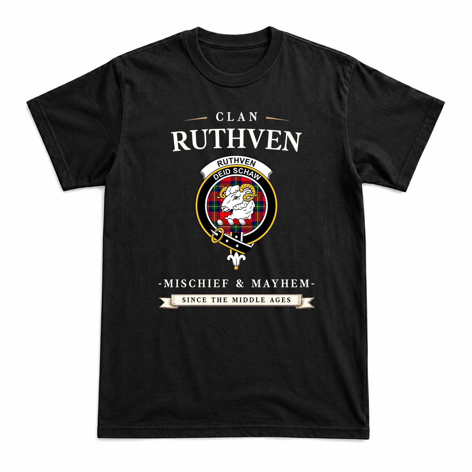 Ruthven Modern Tartan Crest Mischief and Mayhem T-shirt