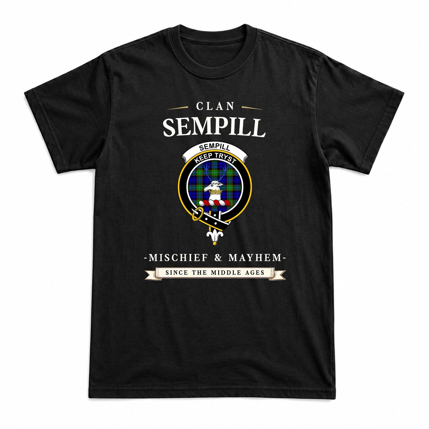 Sempill Modern Tartan Crest Mischief and Mayhem T-shirt