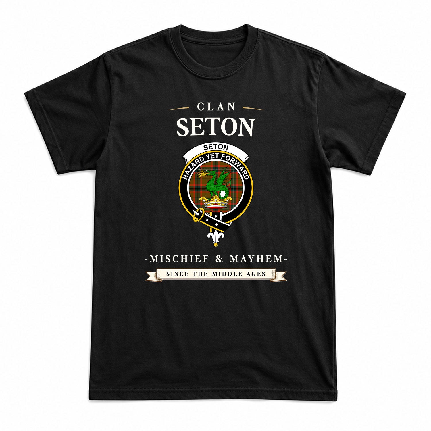 Seton Hunting Modern Tartan Crest Mischief and Mayhem T-shirt