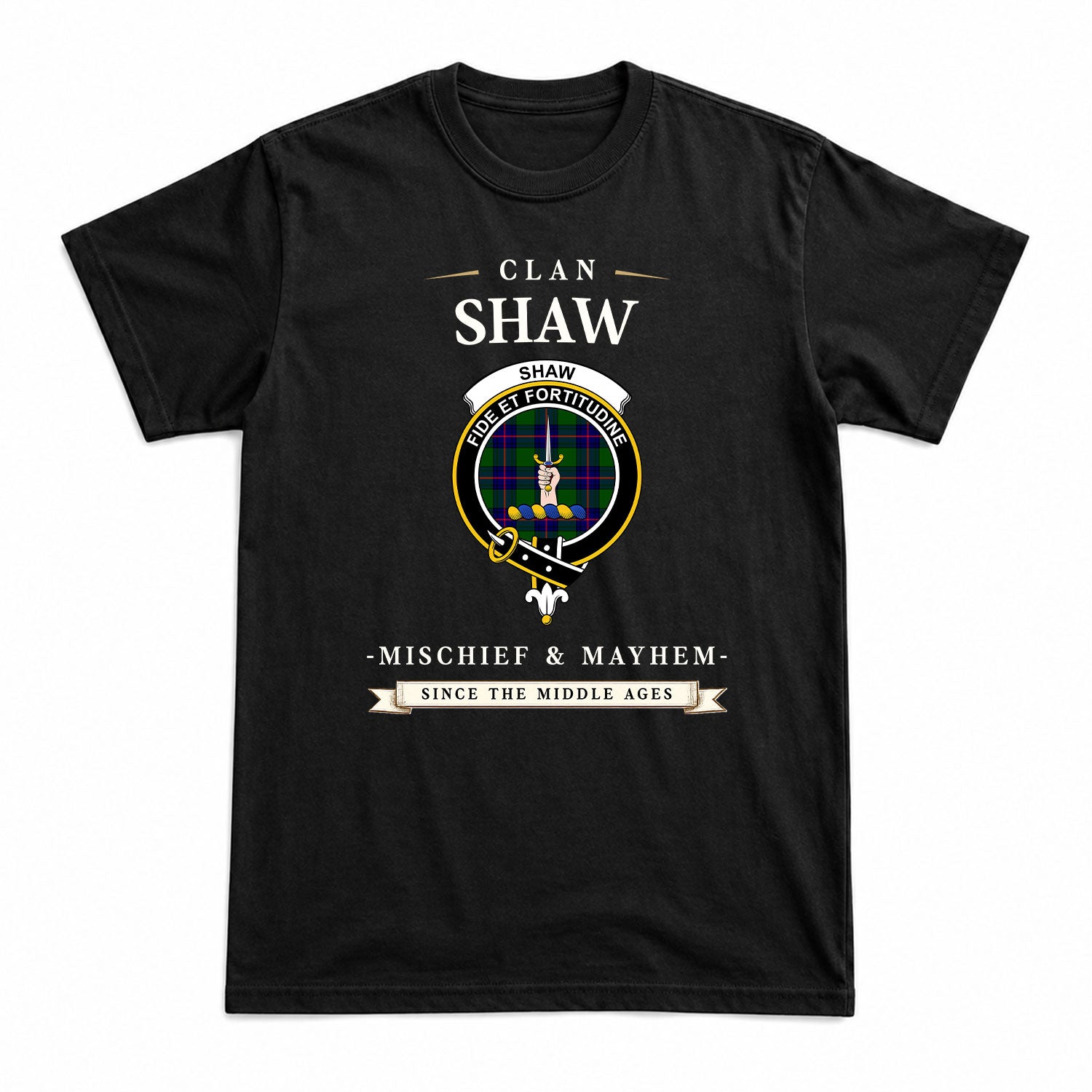 Shaw Modern Tartan Crest Mischief and Mayhem T-shirt