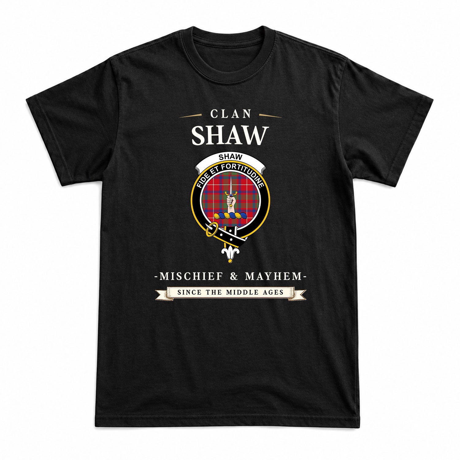 Shaw Red Modern Tartan Crest Mischief and Mayhem T-shirt