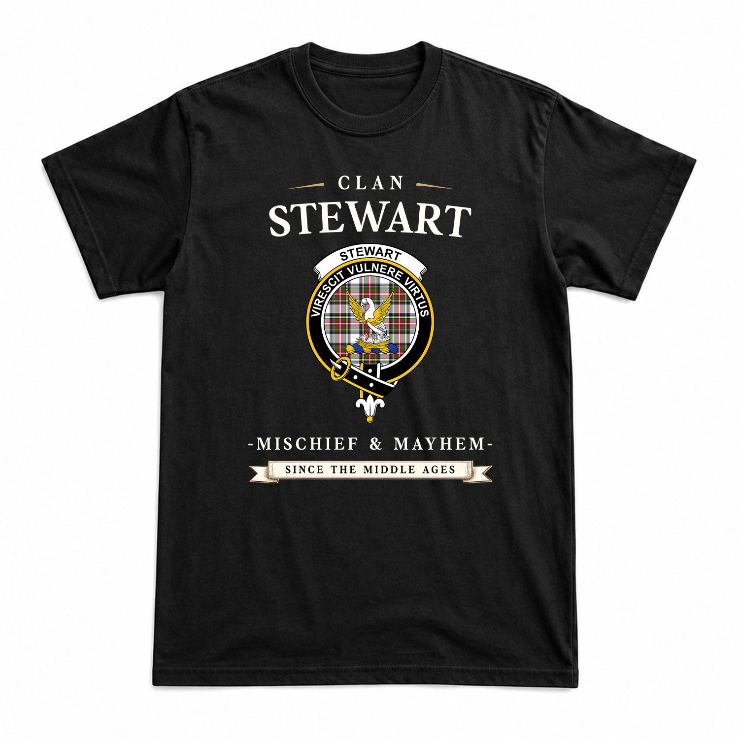 Stewart Dress Modern Tartan Crest Mischief and Mayhem T-shirt