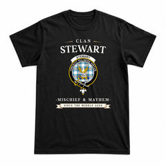 Stewart Muted Blue Tartan Crest Mischief and Mayhem T-shirt