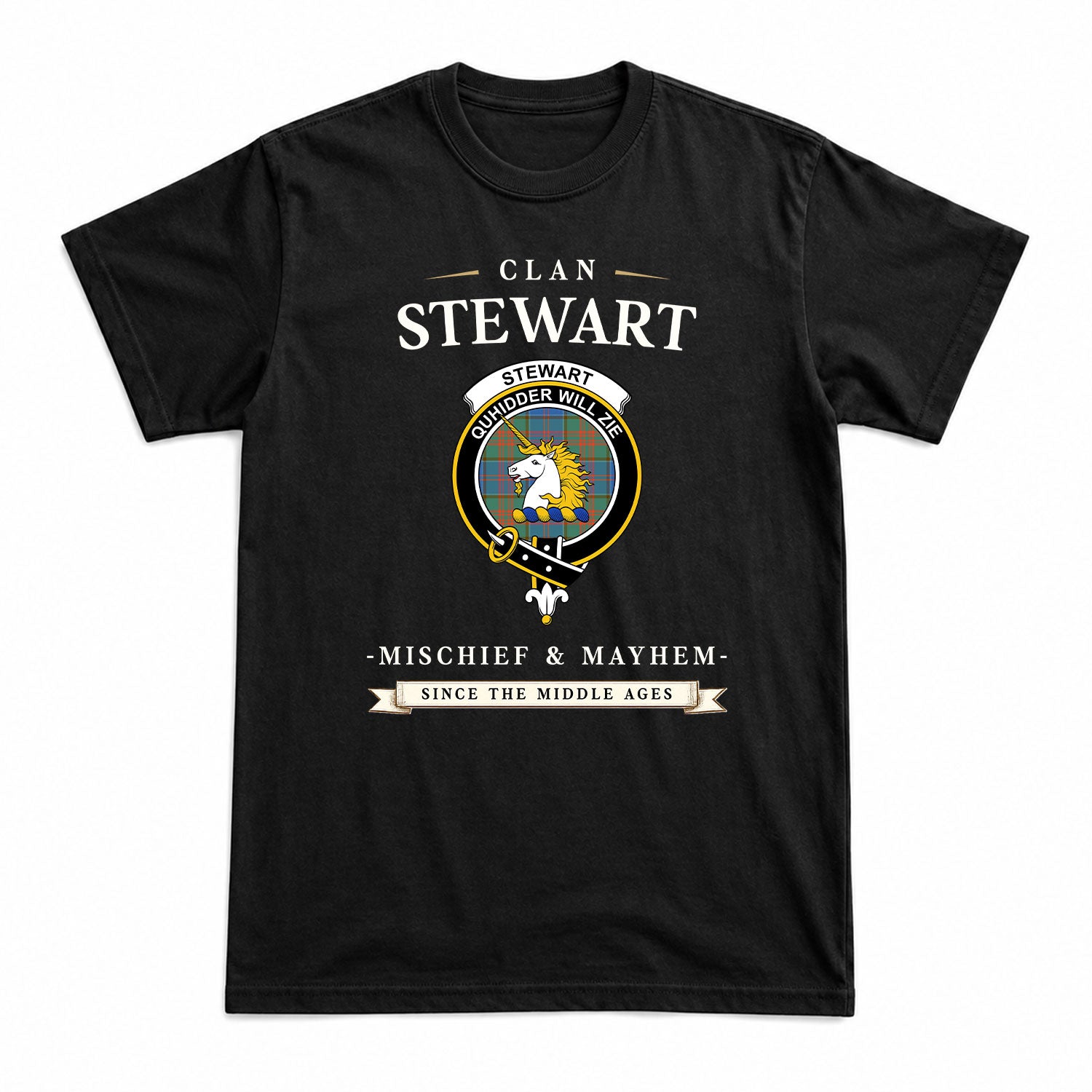 Stewart of Appin Hunting Ancient Tartan Crest Mischief and Mayhem T-shirt
