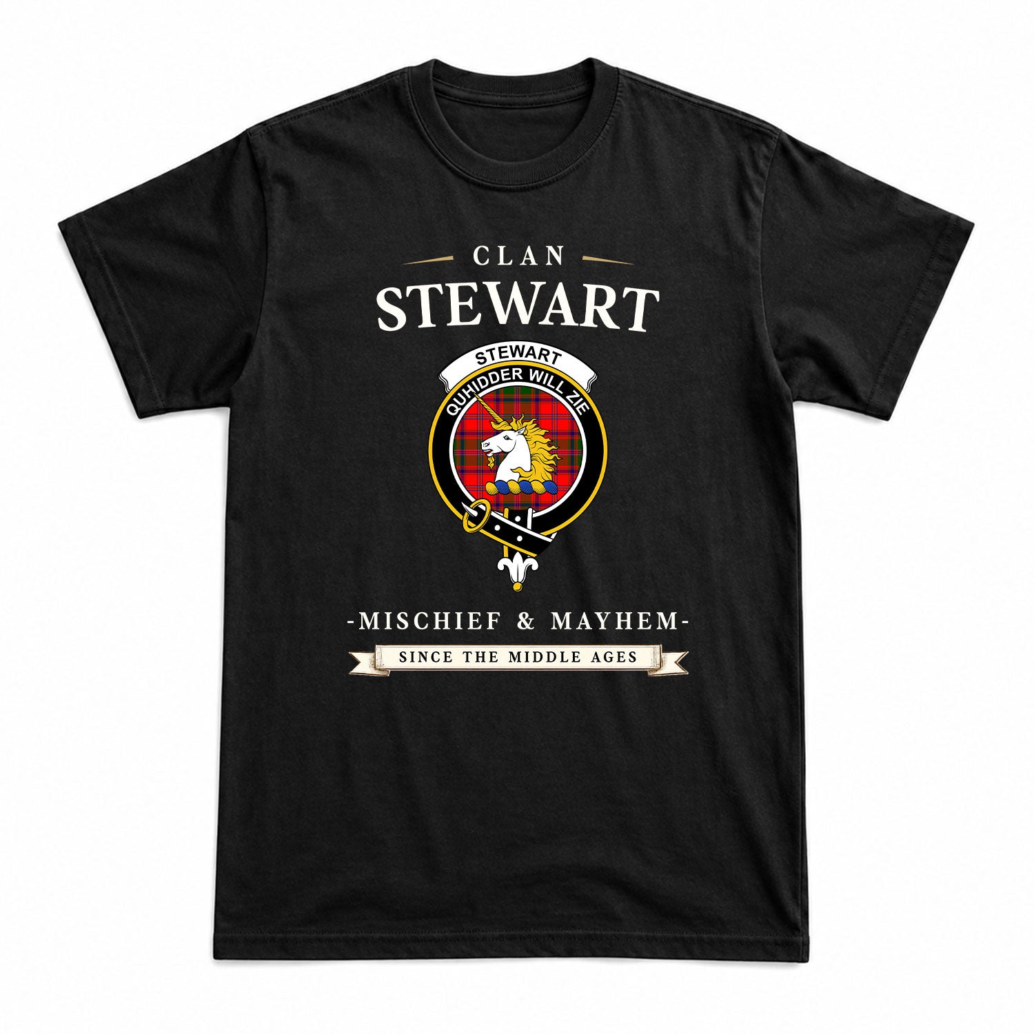 Stewart of Appin Modern Tartan Crest Mischief and Mayhem T-shirt