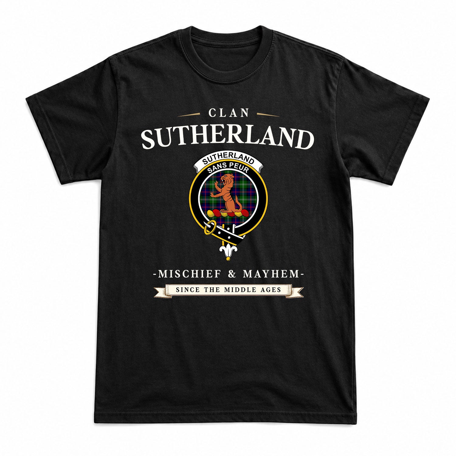 Sutherland Modern Tartan Crest Mischief and Mayhem T-shirt