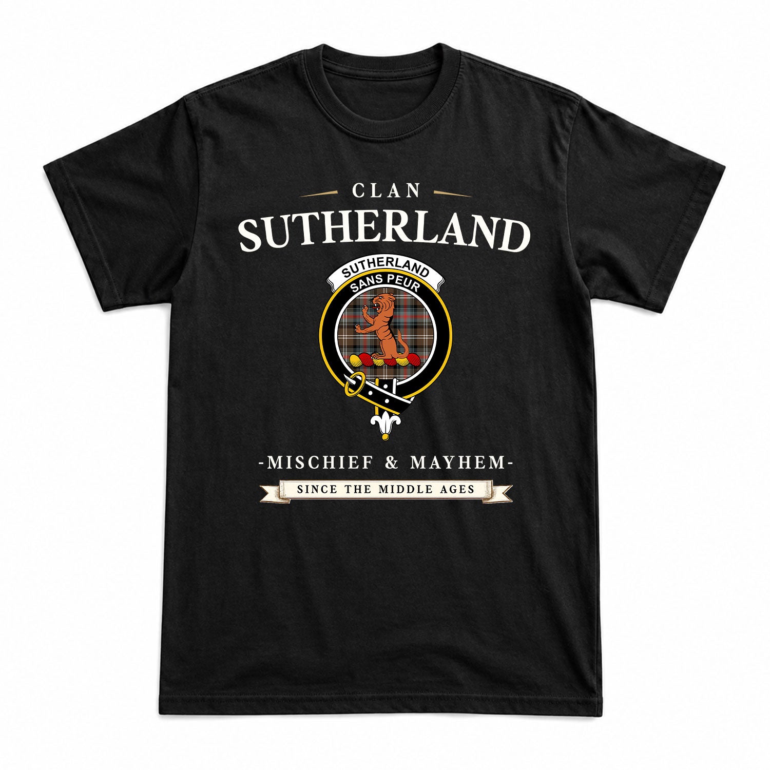 Sutherland Weathered Tartan Crest Mischief and Mayhem T-shirt