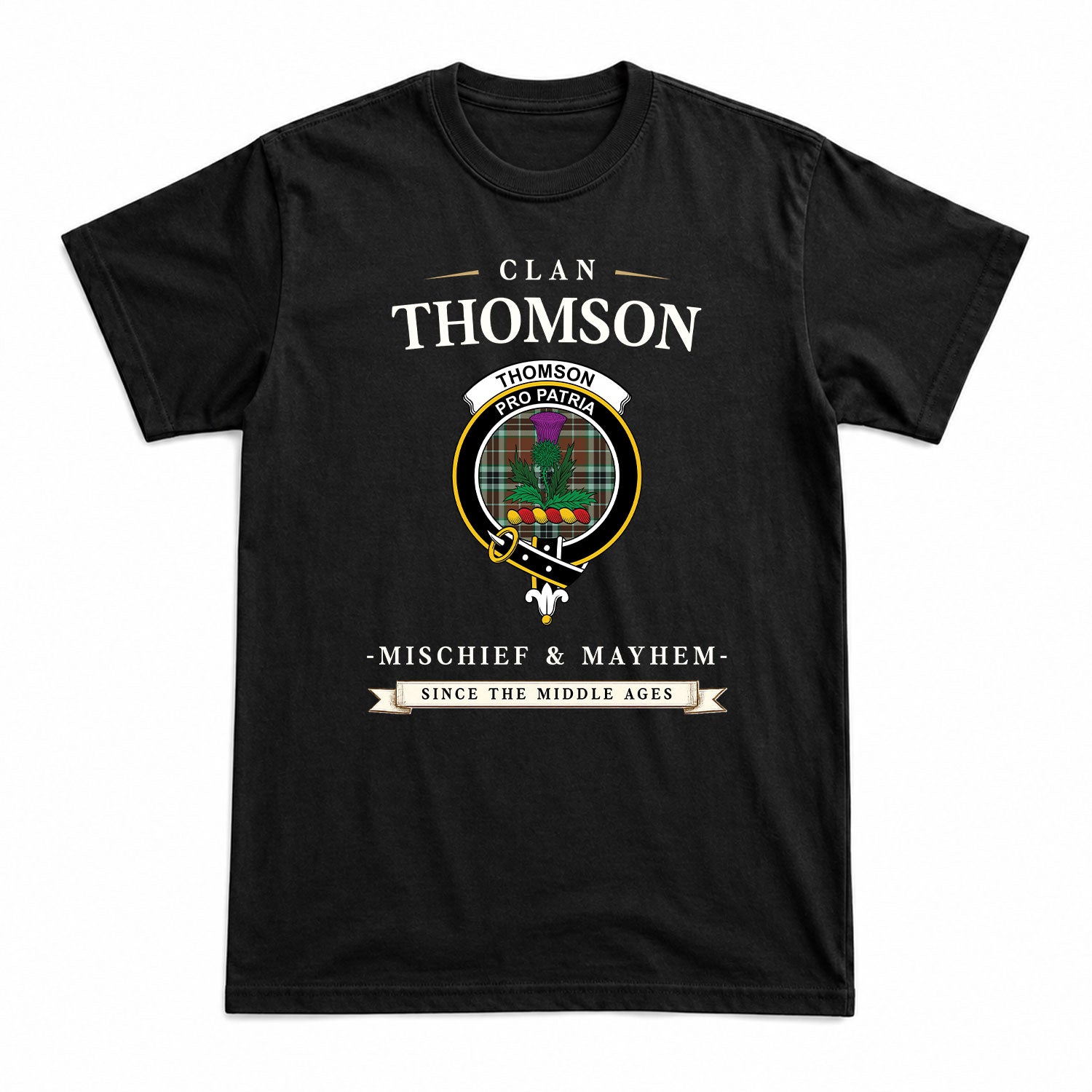 Thomson Hunting Modern Tartan Crest Mischief and Mayhem T-shirt