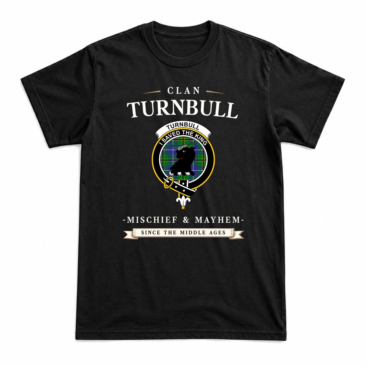Turnbull Hunting Tartan Crest Mischief and Mayhem T-shirt