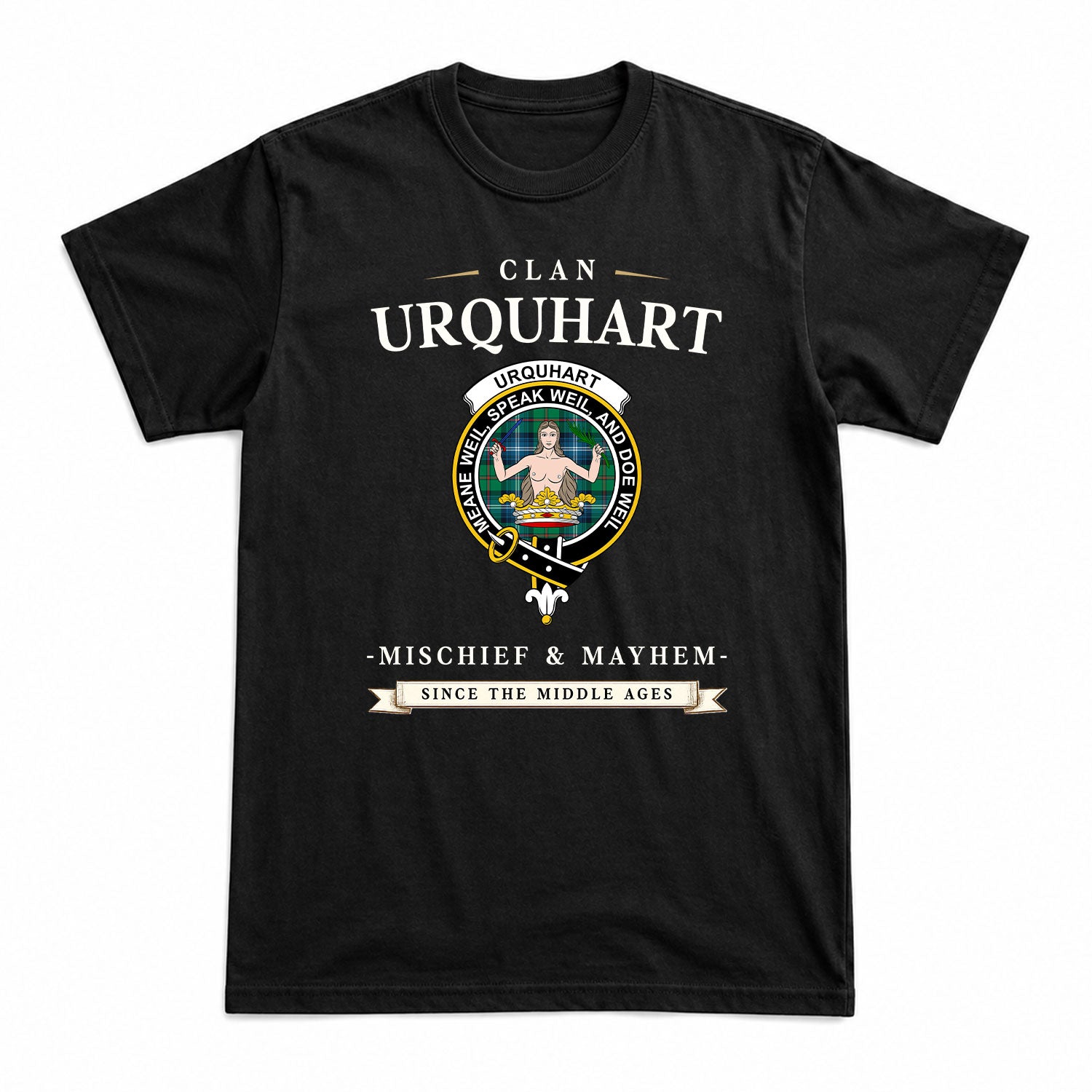 Urquhart Ancient Tartan Crest Mischief and Mayhem T-shirt