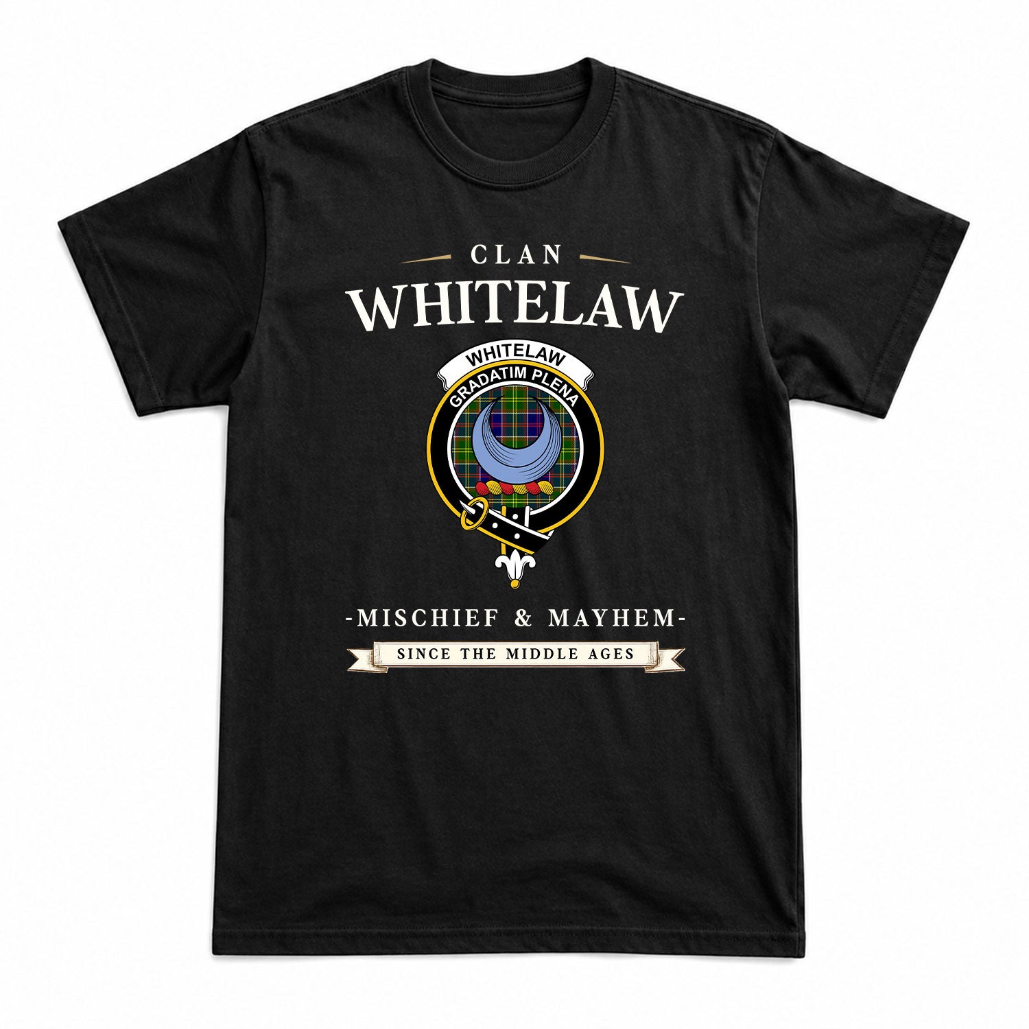 Whitelaw Tartan Crest Mischief and Mayhem T-shirt